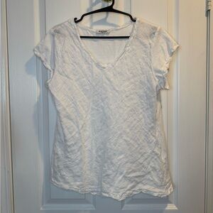 Meo Meli White Frayed Edge Linen Cotton Blend V Neck T Shirt Size M